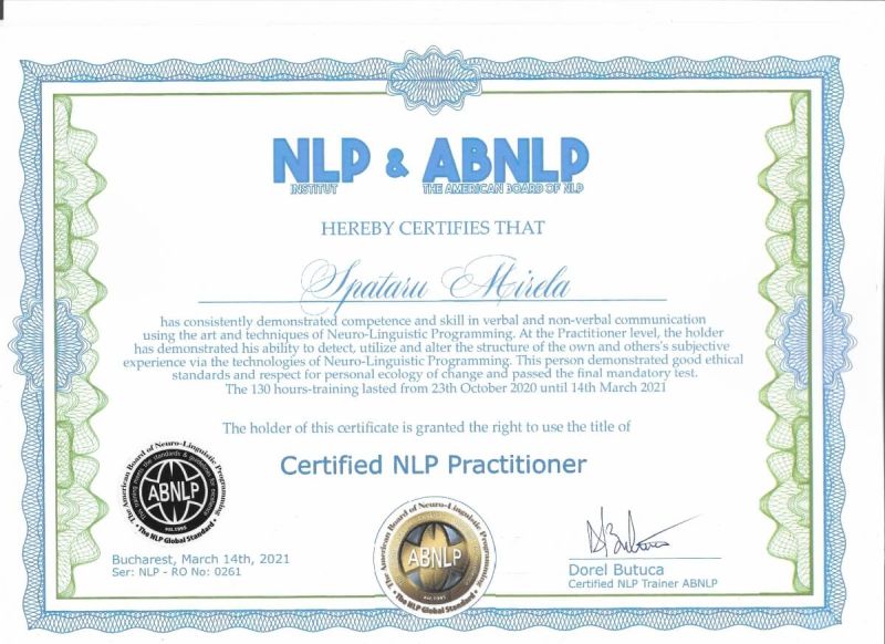 NLP Master Practitioner certificat de NLP Institut și ABNLP (The American Board of NLP)